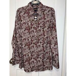 NWT Cremieux Premium Denim Mens XLT Paisley Button Up Shirt Burgundy Brown
